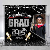 Aperturee - Aperturee Black Silver Custom Name Photo Congrats Grad Backdrop